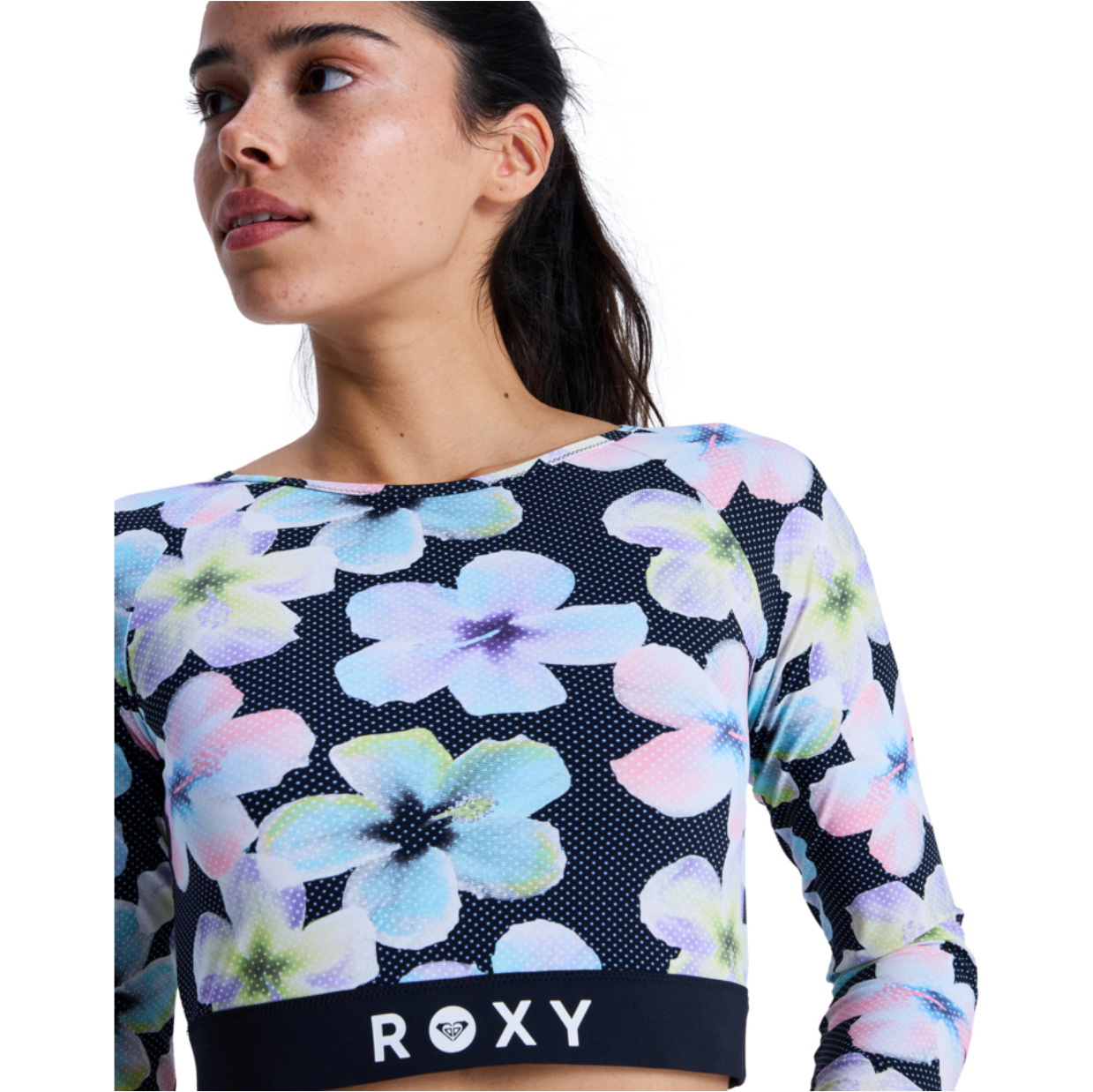 2026 Roxy Womens Roxy Active Long Sleeve Crop Top Rash Vest ERJWR03926 - Anthracite Im Fleur Real